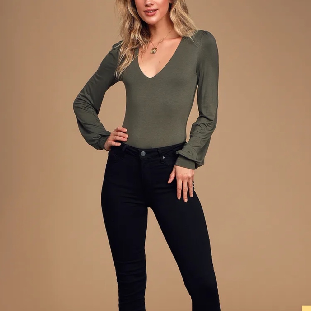 Kaylene Olive Green V-Neck Balloon Sleeve Bodysuit